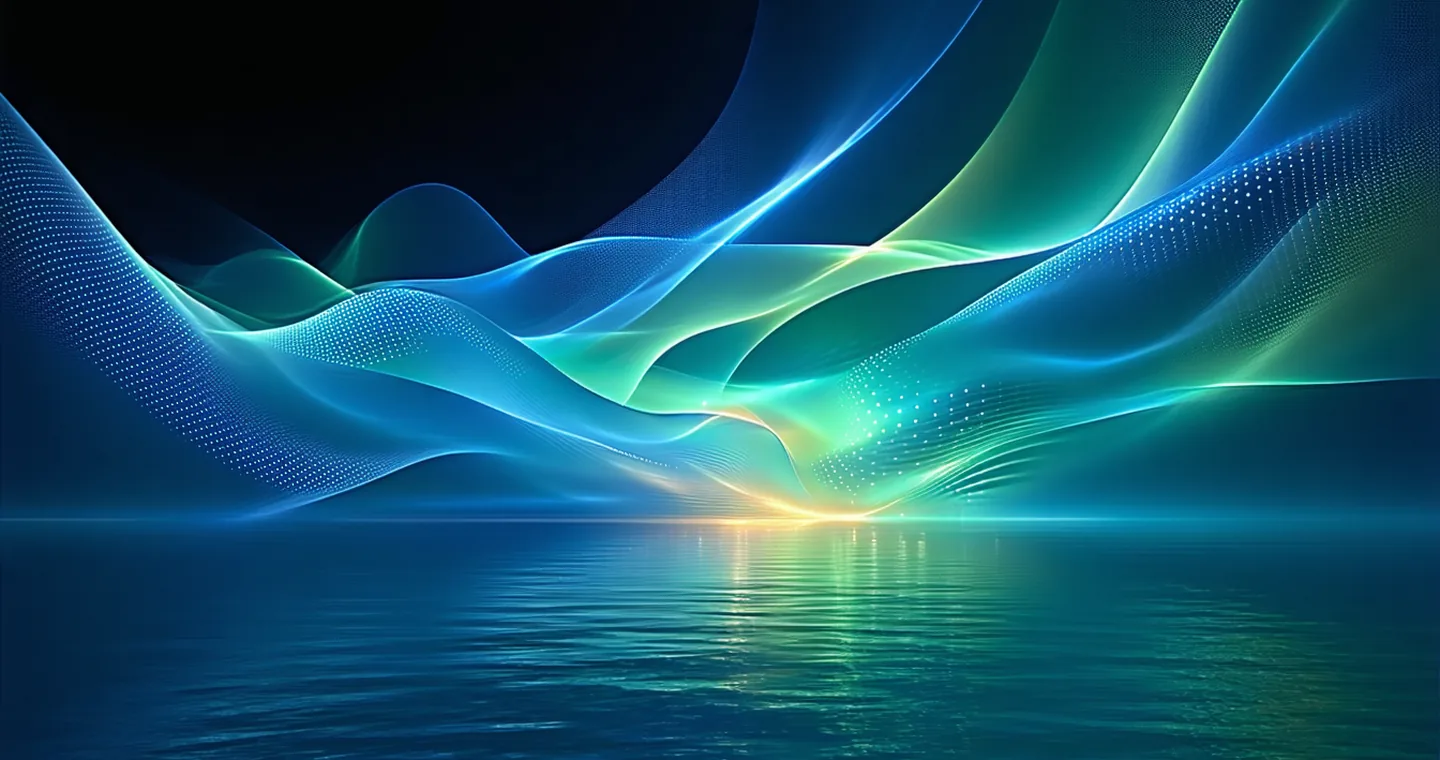 Abstract three data streams — deep teal, electric indigo, and warm amber — converging into a unified luminous lake surface, representing SQL, streaming, and ML workloads merging into one lakehouse storage layer